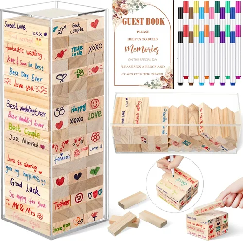 Vista 13 de Beeveer 80 piezas Libro de invitados para boda alternativo en bloque de madera para cartel de boda, decoración de despedida de soltera, 54 piezas