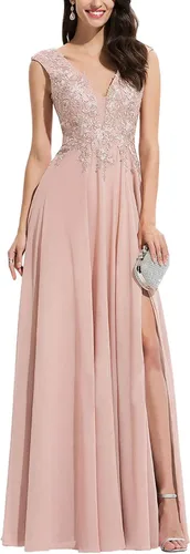 Vista 4 de Vestido largo formal de noche para mujer, con abertura y encaje, de gasa, con escote en V, Classic, 4