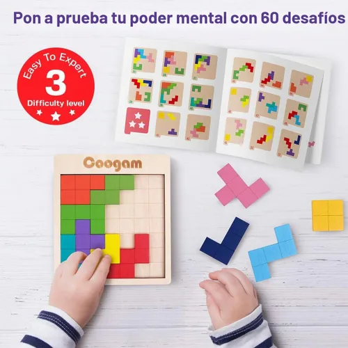 Vista 2 de Coogam Rompecabezas de madera con patrón de bloques de cerebro juego con 60 desafíos, juguete de construcción ruso 3D de madera en forma de tangram