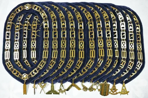 Vista 4 de Juego de 12 delantales Masonic Regalia con cuello de cadena con respaldo azul, Azul