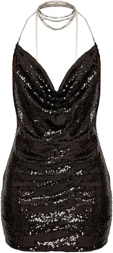 Vista 4 de LOPJGH Vestido halter sin espalda con purpurina para mujer sexy espalda abierta color sólido cuello redondo lentejuelas mini vestido de fiesta