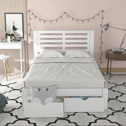 Vista 3 de Base de cama de plataforma tamaño matrimonial con cabecero, cama de plataforma con 2 cajones, cama de plataforma de madera, no necesita somier