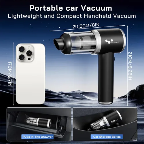 Vista 6 de helloleiboo Aspiradora de mano para automóvil, 16000 PA, aspiradora de coche portátil inalámbrica de 120 W, de alta potencia, 4 en 1, mini