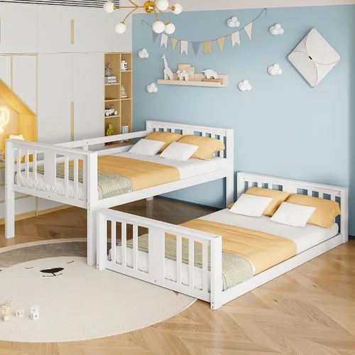 Vista 4 de Harper & Bright Designs Literas para niños, litera de madera maciza individual sobre individual, marco de cama con barandilla de protección y Gris