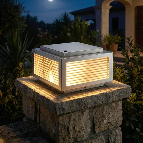 Vista 9 de Luz de poste de acero inoxidable cepillado 304 de 10 x 10 pulgadas, sensor de luz con certificación UL, luz de pilar grande para villas de lujo