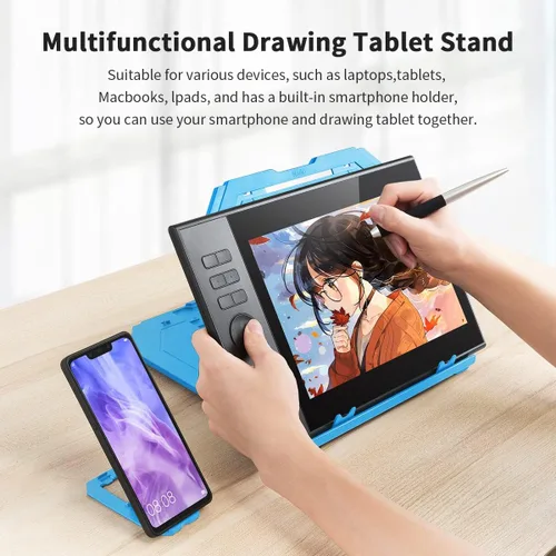 Vista 7 de Soporte para tableta de dibujo, soporte plegable para computadora portátil, 9 niveles de ángulos ajustables con un soporte para teléfono integrado