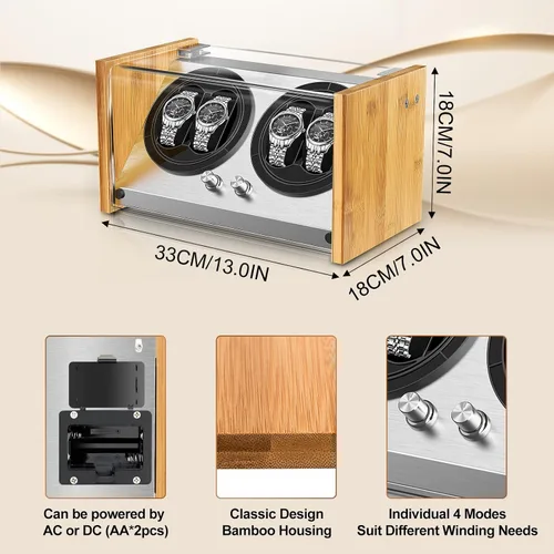 Vista 6 de Bobinadora de reloj para 4 relojes automáticos - Caja de bobinadora de relojes de bambú con motor silencioso, 4 modos de rotación Watch Winder Smith