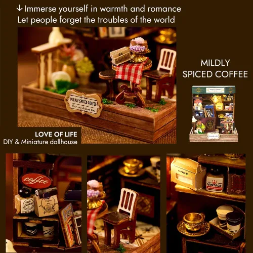 Vista 4 de Kit de rincón de libros, kit de casa en miniatura con LED, rompecabezas de madera 3D para adultos, kit de construcción de casa de muñecas, kit