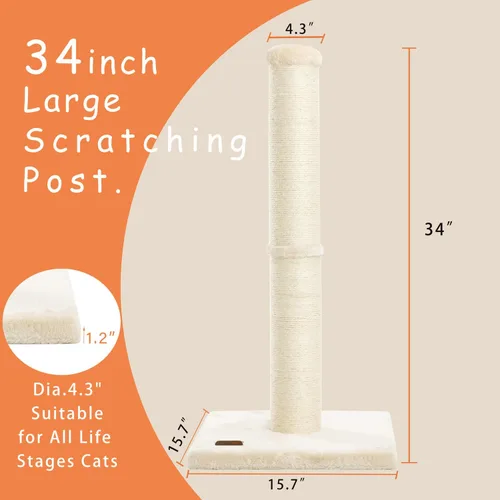 Vista 2 de Karolpar Poste rascador para gatos de 34 pulgadas con cuerda de sisal natural, 4.3 pulgadas de diámetro grande, árbol rascador para gatos de Beige