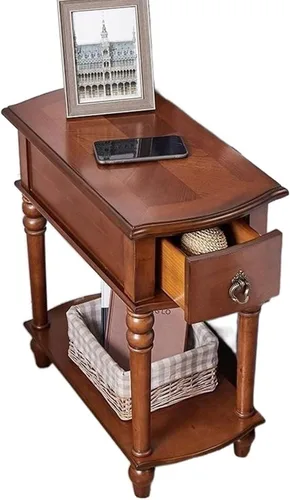Vista 10 de Mesa auxiliar de sofá, mesa auxiliar de madera, mesa auxiliar estrecha con estante de almacenamiento abierto y cajón, mesa auxiliar rectangular