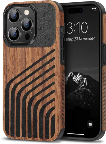 Vista 13 de TENDLIN Compatible con Funda para iPhone 15, Funda de Madera con Textura de Fibra de Carbono, Diseño Híbrido de Cuero Delgado (Negro)