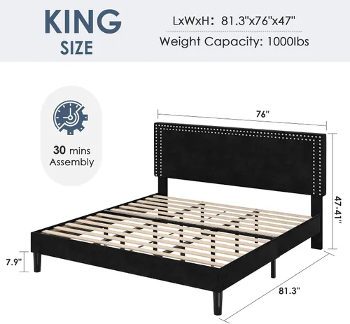 Vista 116 de VECELO Base de cama de plataforma de tamaño individual con cabecera tapizada de altura ajustable, base de colchón moderna, soporte de listones