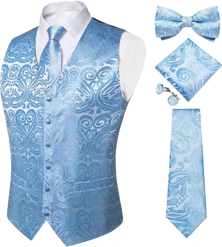 Vista 28 de DiBanGu Conjunto de 5 chalecos de seda con corbata y corbatín para hombre Paisley oro negro