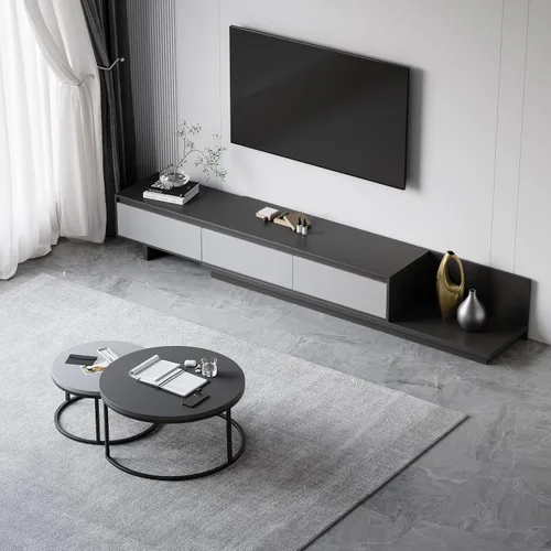 Vista 8 de homary Soporte de TV extensible y mesa auxiliar anidable, centro de entretenimiento moderno de 2 piezas con cajones para sala de estar