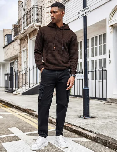 Vista 3 de COOFANDY Sudadera con capucha para hombre, de manga larga, a la moda, para gimnasio, atlética, a cuadros, jacquard, con bolsillo