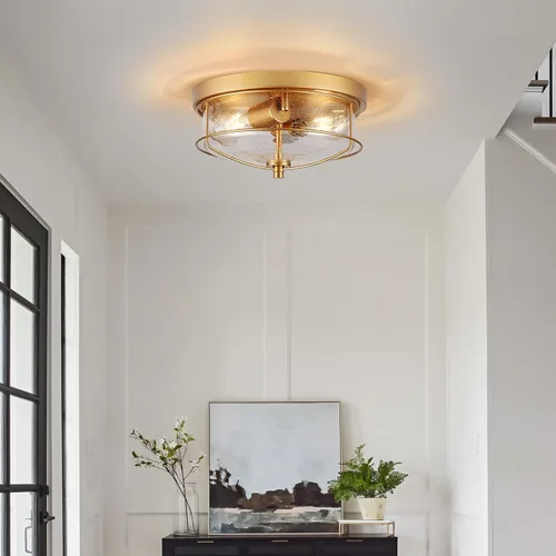 Vista 7 de Foucasal Lámpara de techo dorada de montaje empotrado con pantalla de vidrio semillado, moderna e industrial para exteriores e interiores, 2 luces