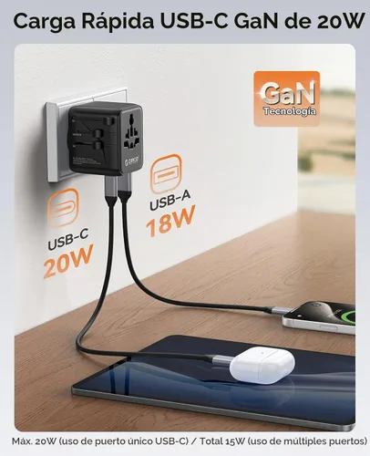 Vista 3 de ORICO Adaptador de viaje universal con 2 CA 2 USB-C y 1 conector USB-A, adaptador de corriente internacional PD 20W, cargador de pared esencial