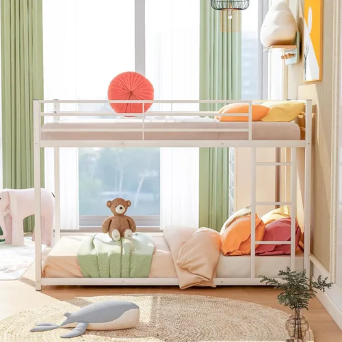 Vista 10 de Litera de metal bajo para niños, con escalera incorporada, barandilla alta y listones de metal, litera inferior de cama de suelo, no requiere Negro