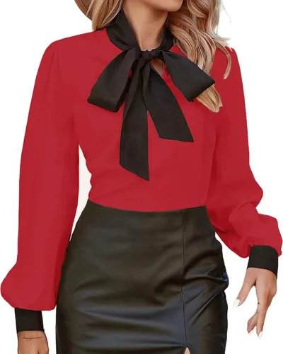 Vista 29 de Avanova - Camisas de manga larga abullonada con cuello de lazo para mujer, blusas casuales de trabajo