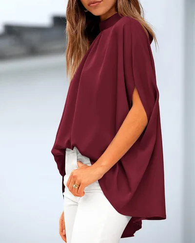 Vista 116 de BTFBM Blusas de verano para mujer, cuello alto falso, manga murciélago, holgadas, dobladillo alto y bajo, blusas informales de gran