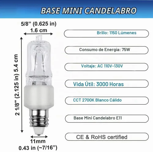 Vista 3 de VINACO Bombilla E11, bombillas halógenas JDE11 de 120 V 75 W, base de mini candelabro T4, alto rendimiento 1150 lm, blanco cálido 2700 K, regulable