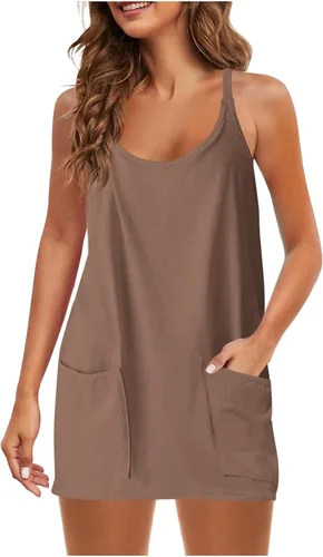 Vista 2 de Vestido atlético para mujer, pantalones cortos integrados, mini vestido de verano 2023 con tirantes delgados, vestidos de golf y tenis con bolsillos