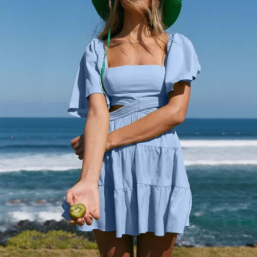 Vista 3 de Shy Velvet - Vestido de verano para mujeres, cuello cuadrado, mangas cortas, cintura cruzada, mini vestido de fiesta casual