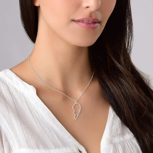 Vista 3 de MYKA - Collar personalizado con nombre de corazón roto para mujeres hombres ella él plata de ley 925 - Dije rompible para mejor amiga - Día del Amor