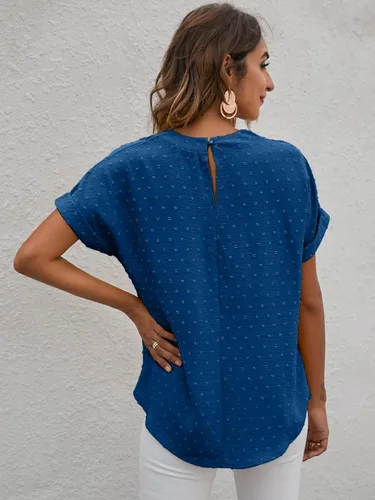 Vista 2 de Romwe Blusa casual de trabajo con cuello redondo y manga corta plisada para mujer