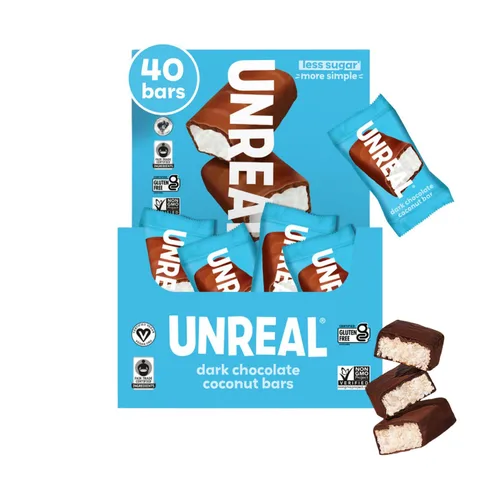 Vista 7 de UNREAL Barras de Chocolate Oscuro con Coco (Bolsa Tamaño Económico) Veganas, 3g de Azúcar y 3 Ingredientes Simples Sin OMG, Sin Gluten