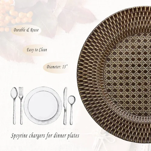 Vista 3 de Spsyrine Platos de carga rústicos de plástico de ratán sintético, juego de 6 elegantes cargadores de platos redondos para cenas, decorativos