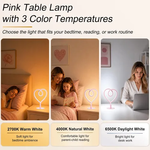 Vista 3 de Lámpara de Mesa Rosa, Lámpara de Escritorio Corazón Ajustable Sin Escalas 3CCT 2700K/4000K/6500K con Adaptador USB, Pequeña Lámpara de Noche