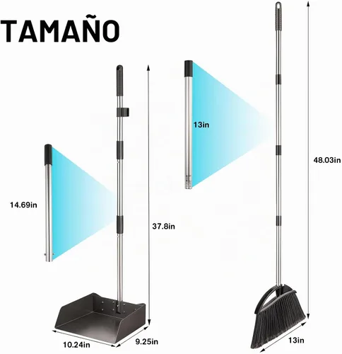 Vista 2 de Yangbaga Juego de recogedor y escoba de mango largo para el hogar, recogedores y escobas de metal resistente, diseño de pie vertical, escoba