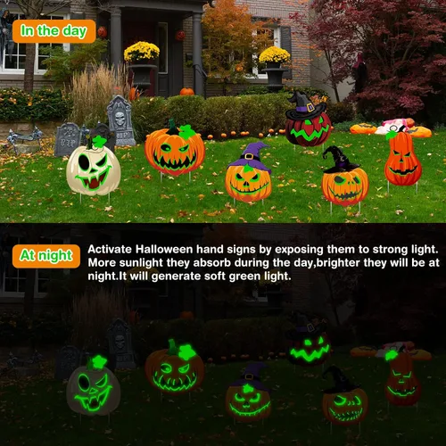 Vista 5 de Soaoo Paquete de 6 carteles fluorescentes de calabaza de Halloween de 16 pulgadas con estacas, caras espeluznantes y sombrero de bruja, letreros