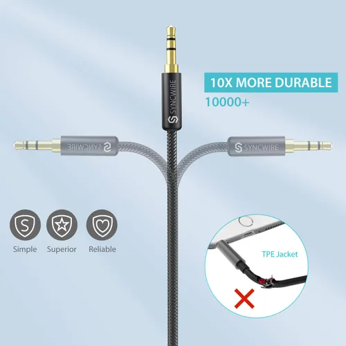 Vista 3 de Syncwire Cable de extensión de audio estéreo de 3.5 mm macho a hembra [Sonido Hi-Fi] [Conector chapado en oro] Cable de extensión AUX trenzado