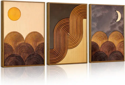 Vista 10 de Tinonedraw Arte de Pared en Lienzo Enmarcado de Paisaje de Montaña Beige, Decoración de Pared Moderna Abstracta de Mediados de Siglo, Arte de Lago