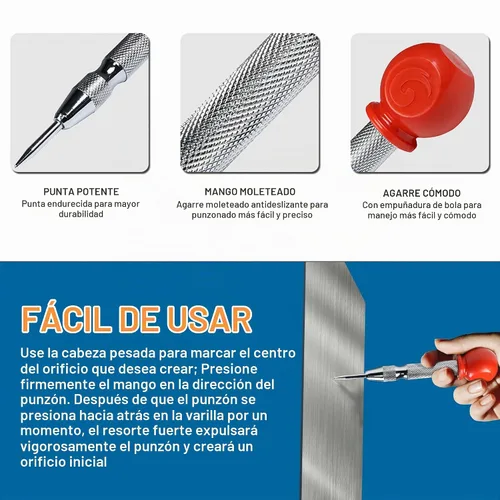 Vista 3 de Rok Hardware 5-1/8 "Herramienta automática de perforación de agujero central de acero con resorte para metal, madera y plástico ROKCPUNCH
