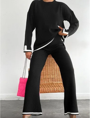 Vista 7 de Yidarer Conjunto de 2 piezas de punto para mujer, suéter de manga larga, pantalones de pierna ancha, conjunto de ropa deportiva