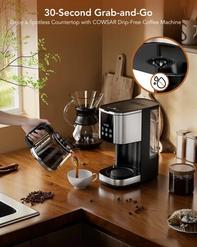 Vista 4 de COWSAR Cafetera Programable de 24 Horas - Máquina de Café de Goteo con Capacidad de 10 Tazas, Modo de Elaboración Fuerte, Pausa Automática, Función