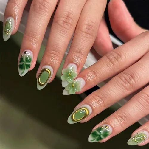 Vista 81 de Uñas postizas a presión medianas con diseño geométrico blanco almendra – 24 uñas postizas reutilizables de ABS brillante, fácil de aplicar, juego