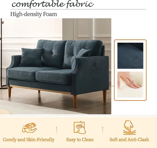 Vista 6 de Altillo Moderno sofá biplaza tapizado con puerto USB, tela impermeable de 2 asientos, sofás pequeños con patas de madera maciza para espacios