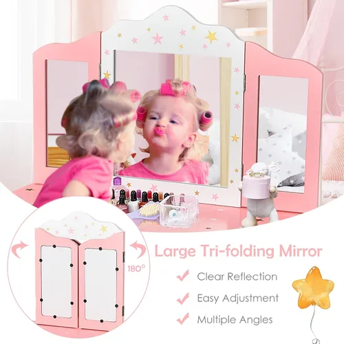Vista 5 de HONEY JOY Juego de tocador para niños, mesa de maquillaje de madera estilo princesa con taburete y cajón, espejo de triple plegado, parte superior