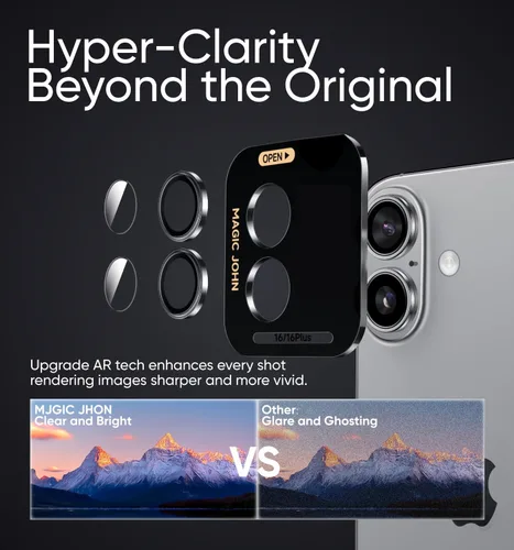 Vista 3 de MAGIC JOHN Protector de lente de cámara para iPhone 16Plus/16 [kit de alineación y ajuste perfecto invisible 1:1] Vidrio templado aeroespacial 9H