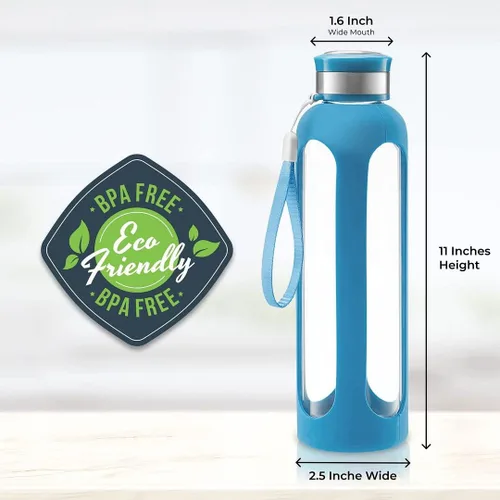 Vista 4 de Botella de agua Swig Savvy, resistente a la rotura, de vidrio de borosilicato, con funda protectora de silicón Sin BPA, duradera y elegante.