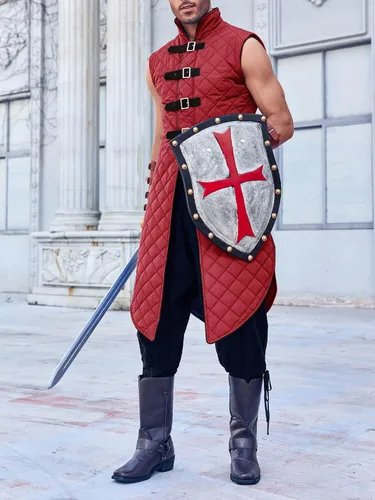 Vista 3 de Runcati Chaleco acolchado Gambeson sin mangas Aketon Armor Medieval Knight Surcoat Halloween LARP vestido de disfraz