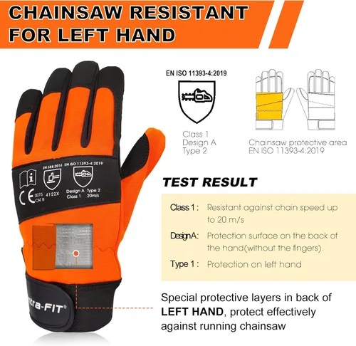 Vista 3 de Chainsaw Gloves Saw Protection on Left Hand Back EN ISO 11393-4, Cut-resistance Gloves Cow Leather Palm