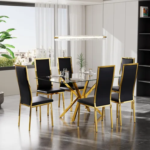 Vista 14 de Juego de 4 mesas de comedor de cristal negro, mesa de cocina minimalista moderna de 47 pulgadas con 4 sillas de comedor clásicas negras y plateadas