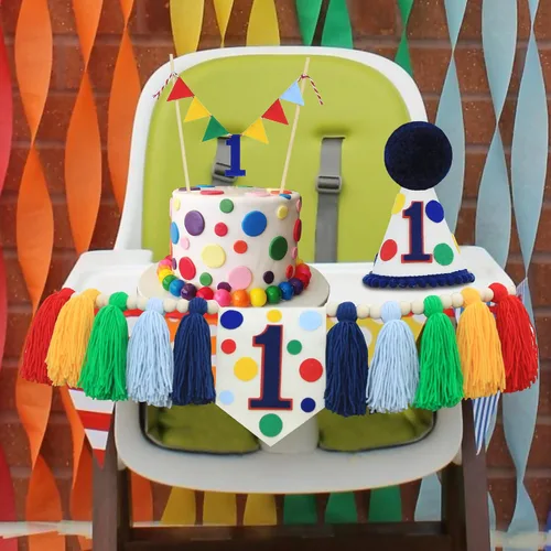 Vista 5 de Cartel para decoración de primer cumpleaños con texto en inglés Verde Azul Amarillo