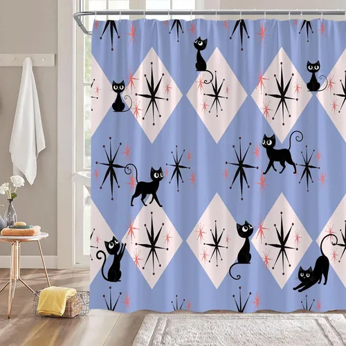 Vista 2 de Mid Century Atomic Black Cat Shower Curtain Blue Modern Abstract Geometric Minimalist Funny Boho 1950s Fabric Bathroom Decor Curtain with