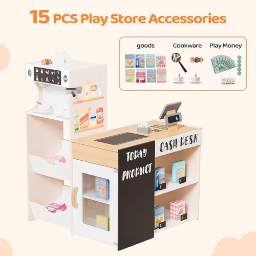 Vista 6 de JOYMOR Tienda de comestibles de juguete, juego interactivo de supermercado de madera con máquina de café expendedora, accesorios de venta y compra